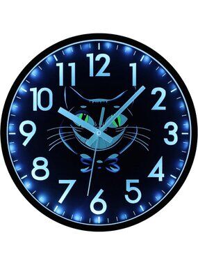 12-Inch Silent Cat Wall Clock - Battery Operated, Glow in the Dark, Night Light